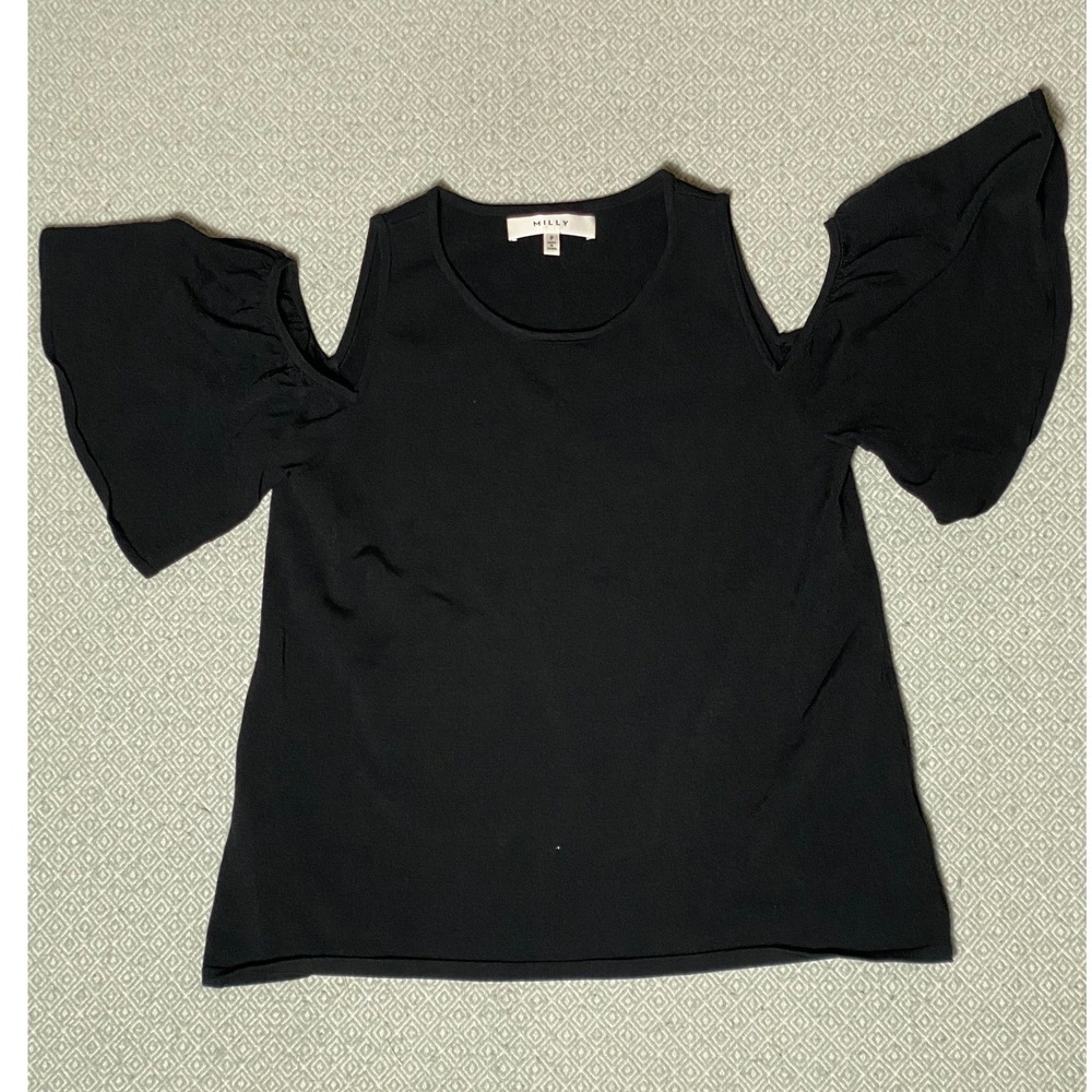 Milly Top Womens P Black Cold Shoulder Flutter Sleeve Knit Ruffle RN 104297